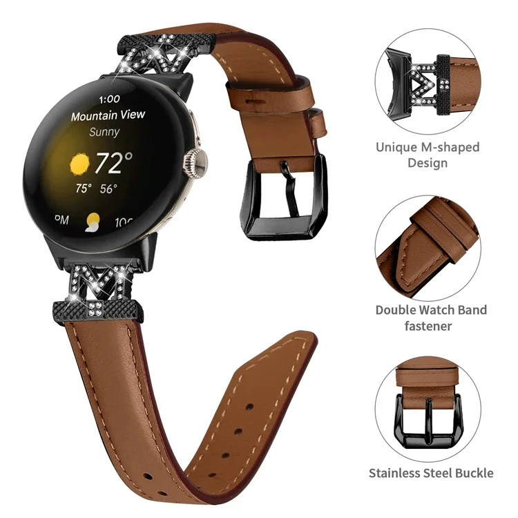 Pulseira de Relógio para Google Pixel Watch 3 41mm / Watch 2 / Pixel Watch Fivela Preta de Couro Genuíno de Vaca com Decoração de Cristal em Formato de M - Marrom