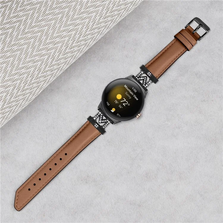 Pulseira de Relógio para Google Pixel Watch 3 41mm / Watch 2 / Pixel Watch Fivela Preta de Couro Genuíno de Vaca com Decoração de Cristal em Formato de M - Marrom