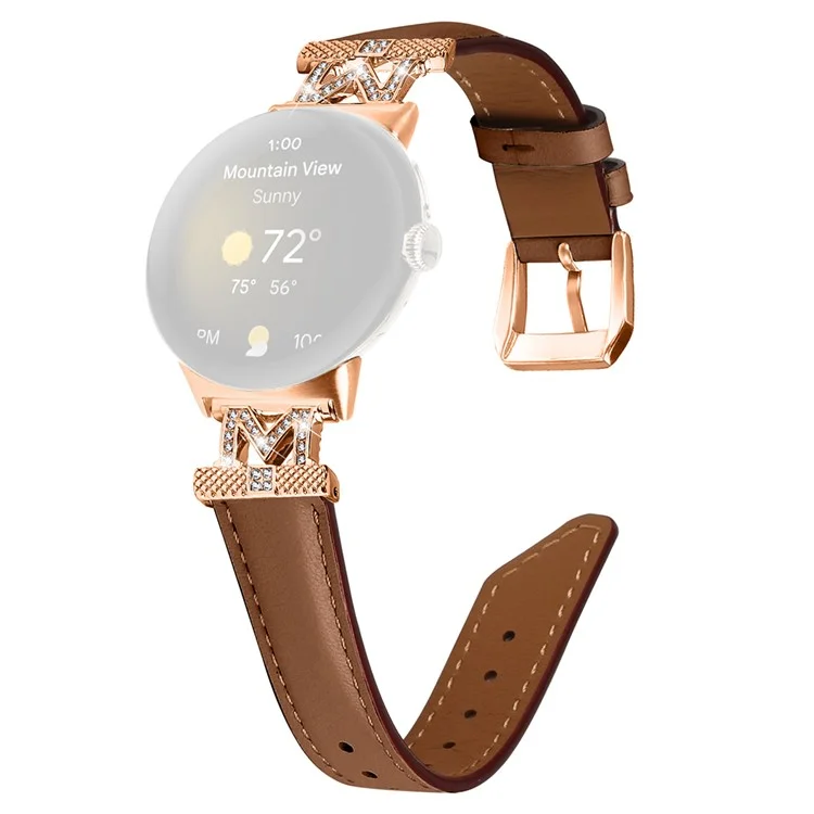 Pour Google Pixel Watch 3 41mm / Watch 2 / Pixel Watch Rose Gold Boucle en cuir de vache véritable réglable Bracelet de montre avec décoration de strass en forme de M - Brun