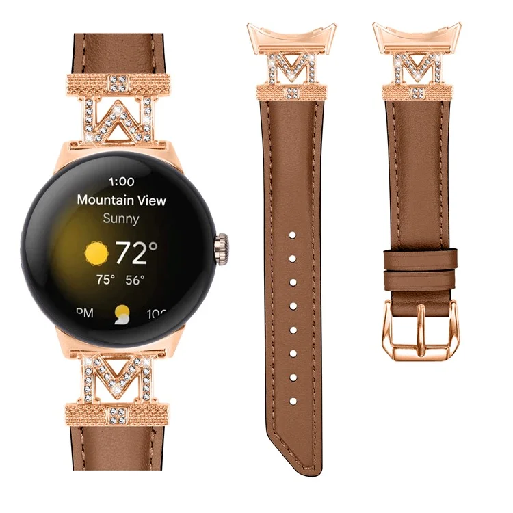 Pour Google Pixel Watch 3 41mm / Watch 2 / Pixel Watch Rose Gold Boucle en cuir de vache véritable réglable Bracelet de montre avec décoration de strass en forme de M - Brun