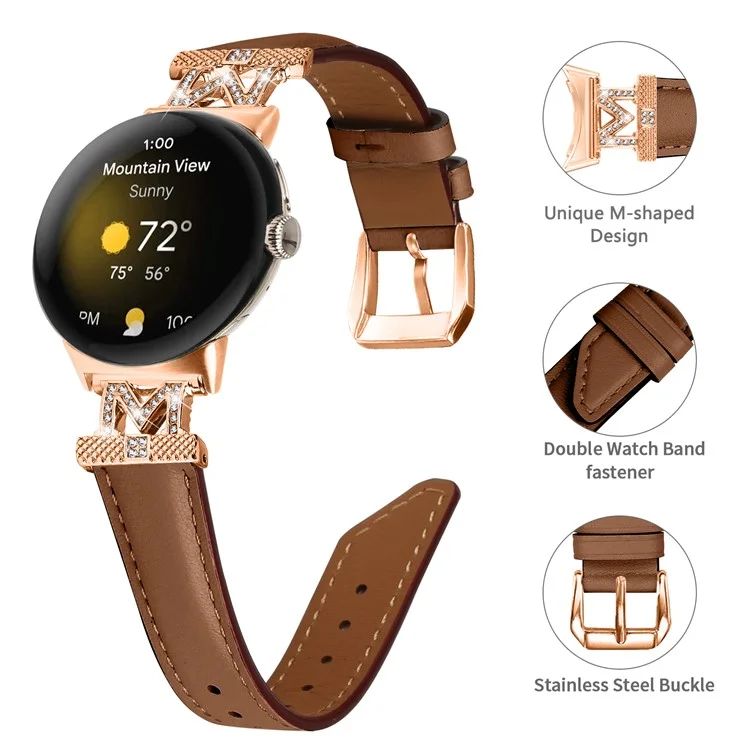 Pour Google Pixel Watch 3 41mm / Watch 2 / Pixel Watch Rose Gold Boucle en cuir de vache véritable réglable Bracelet de montre avec décoration de strass en forme de M - Brun
