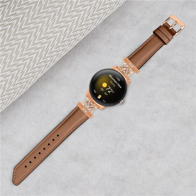 Pour Google Pixel Watch 3 41mm / Watch 2 / Pixel Watch Rose Gold Boucle en cuir de vache véritable réglable Bracelet de montre avec décoration de strass en forme de M - Brun