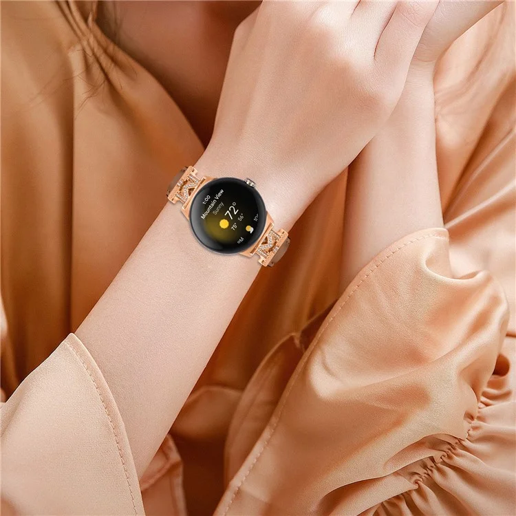 Pour Google Pixel Watch 3 41mm / Watch 2 / Pixel Watch Rose Gold Boucle en cuir de vache véritable réglable Bracelet de montre avec décoration de strass en forme de M - Brun