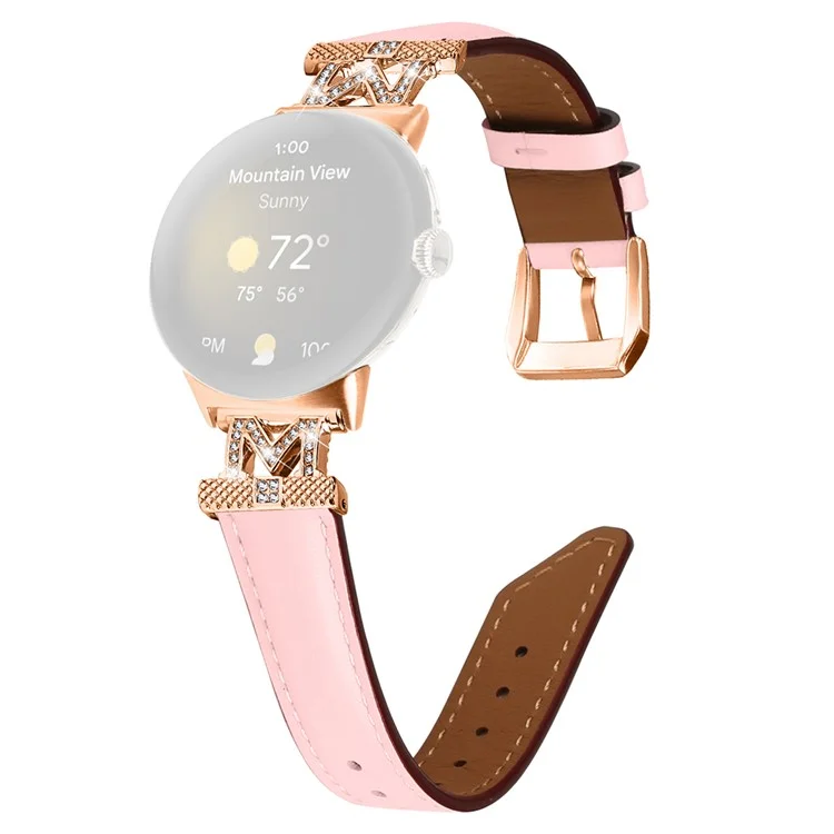 For Google Pixel Watch / Pixel Watch 2 Rose Gold Buckle Genuine Cowhide Leather Adjustable Watch Strap with M Shape Rhinestone Decor - Pink