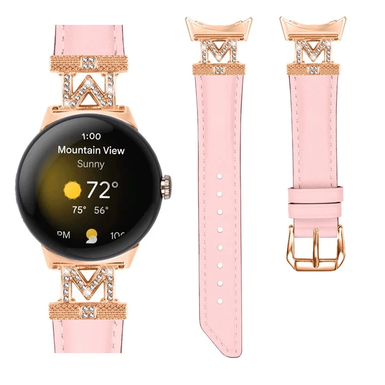 For Google Pixel Watch / Pixel Watch 2 Rose Gold Buckle Genuine Cowhide Leather Adjustable Watch Strap with M Shape Rhinestone Decor - Pink