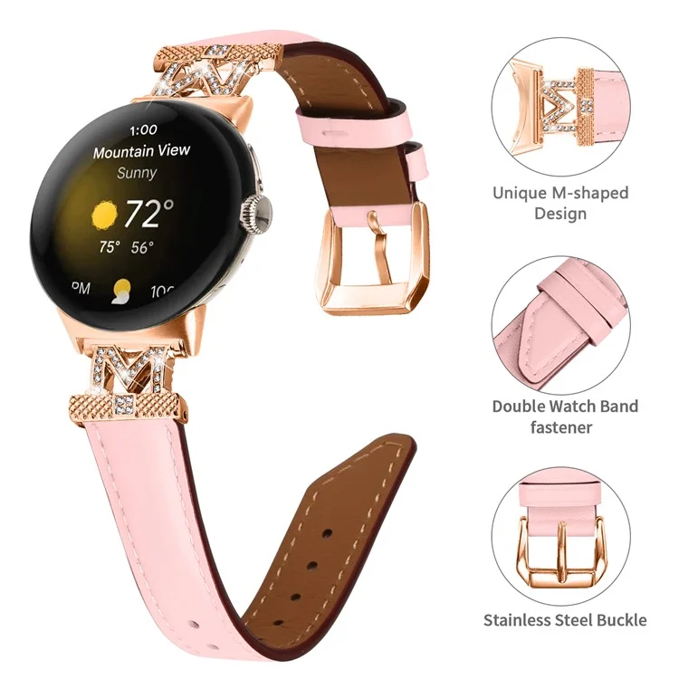 For Google Pixel Watch / Pixel Watch 2 Rose Gold Buckle Genuine Cowhide Leather Adjustable Watch Strap with M Shape Rhinestone Decor - Pink