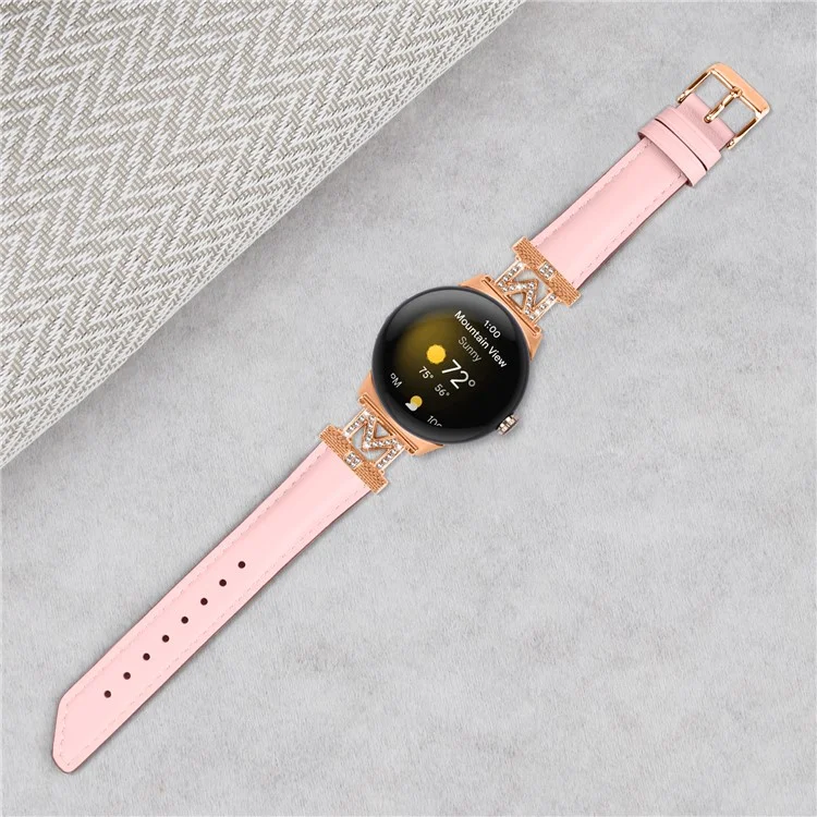 For Google Pixel Watch / Pixel Watch 2 Rose Gold Buckle Genuine Cowhide Leather Adjustable Watch Strap with M Shape Rhinestone Decor - Pink