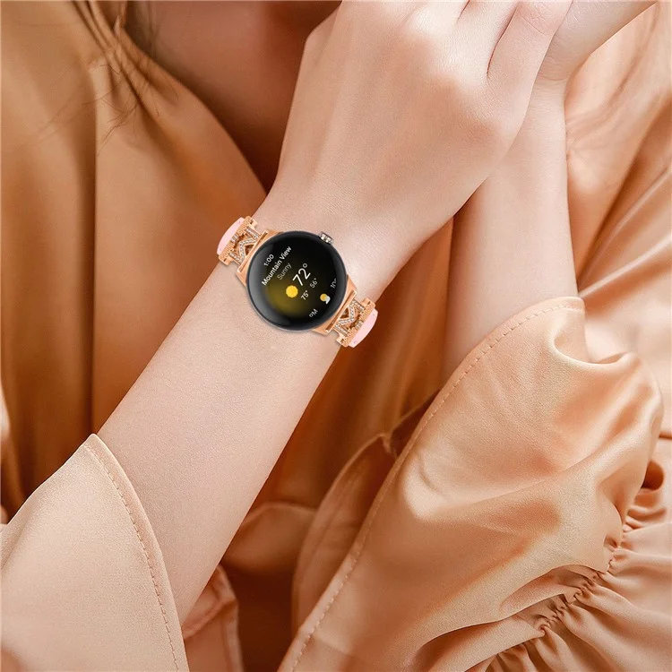 For Google Pixel Watch / Pixel Watch 2 Rose Gold Buckle Genuine Cowhide Leather Adjustable Watch Strap with M Shape Rhinestone Decor - Pink