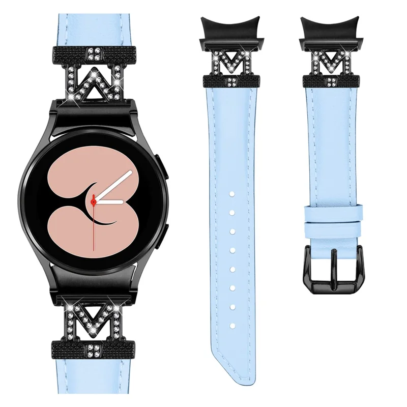 Uhrenarmband für Samsung Galaxy Watch 5 / Watch4 44mm 40mm Rhinestone M-förmiger Anschluss Echtes Rindsleder Armband mit schwarzer Schnalle - Blau