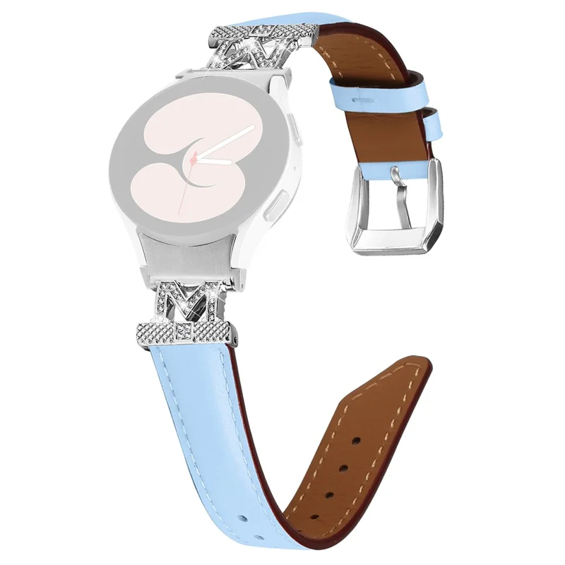 Watch Band for Samsung Galaxy Watch6 40mm 44mm / Watch6 Classic 43mm 47mm Genuine Cow Leather Rhinestone M-shape Connector Strap with Silver Buckle - Blue