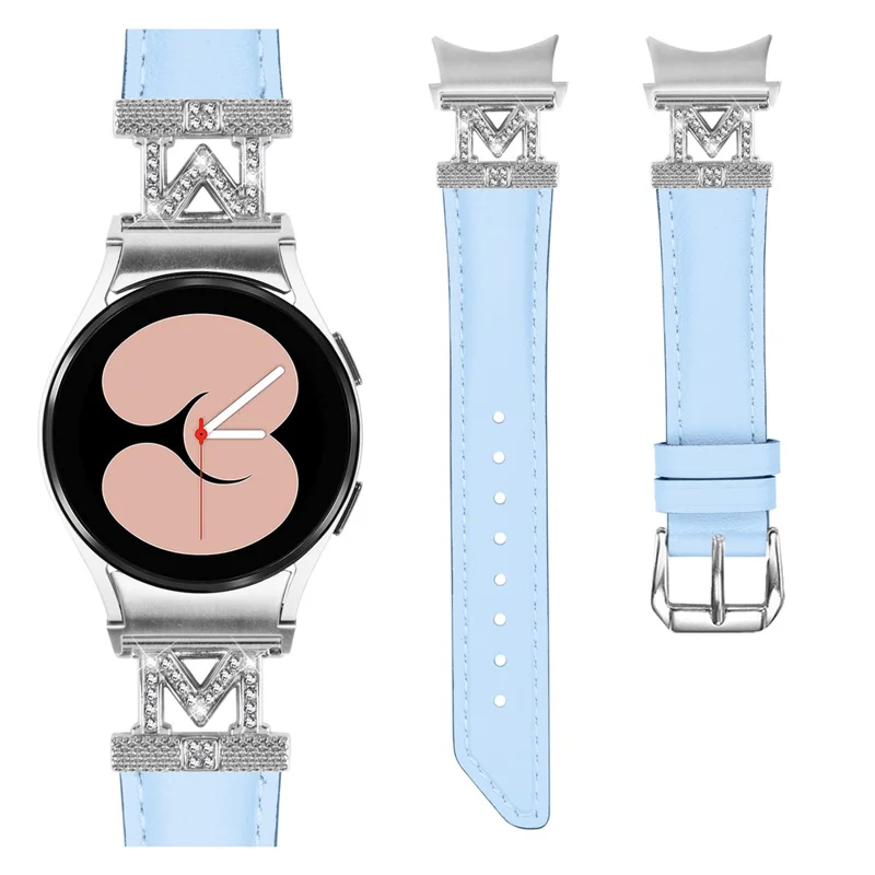 Watch Band for Samsung Galaxy Watch6 40mm 44mm / Watch6 Classic 43mm 47mm Genuine Cow Leather Rhinestone M-shape Connector Strap with Silver Buckle - Blue