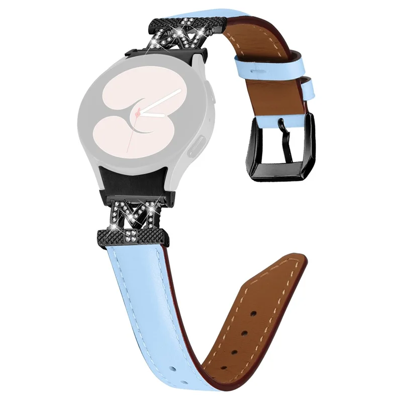 Genuine Cow Leather Band for Samsung Galaxy Watch6 40mm 44mm / Watch6 Classic 43mm 47mm Rhinestone M-shape Connector Watch Strap with Black Buckle - Blue