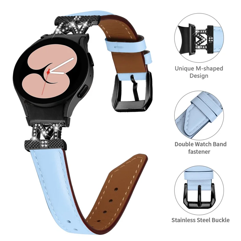 Genuine Cow Leather Band for Samsung Galaxy Watch6 40mm 44mm / Watch6 Classic 43mm 47mm Rhinestone M-shape Connector Watch Strap with Black Buckle - Blue