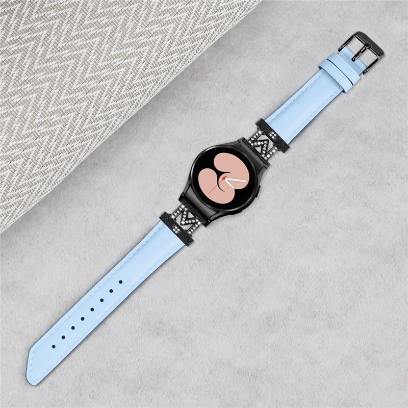 Genuine Cow Leather Band for Samsung Galaxy Watch6 40mm 44mm / Watch6 Classic 43mm 47mm Rhinestone M-shape Connector Watch Strap with Black Buckle - Blue