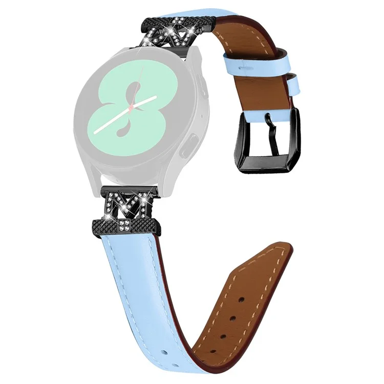 Bande en forme de M avec strass de 20 mm pour Samsung Galaxy Watch3 41 mm 45 mm / Watch 5 40 mm 44 mm, Bracelet en cuir véritable de vache avec boucle noire - Bleu 