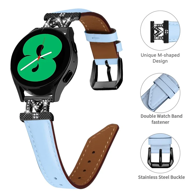Bande en forme de M avec strass de 20 mm pour Samsung Galaxy Watch3 41 mm 45 mm / Watch 5 40 mm 44 mm, Bracelet en cuir véritable de vache avec boucle noire - Bleu 