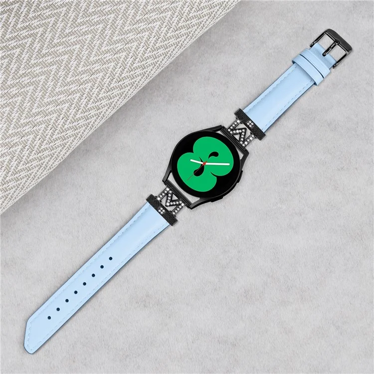 Bande en forme de M avec strass de 20 mm pour Samsung Galaxy Watch3 41 mm 45 mm / Watch 5 40 mm 44 mm, Bracelet en cuir véritable de vache avec boucle noire - Bleu 