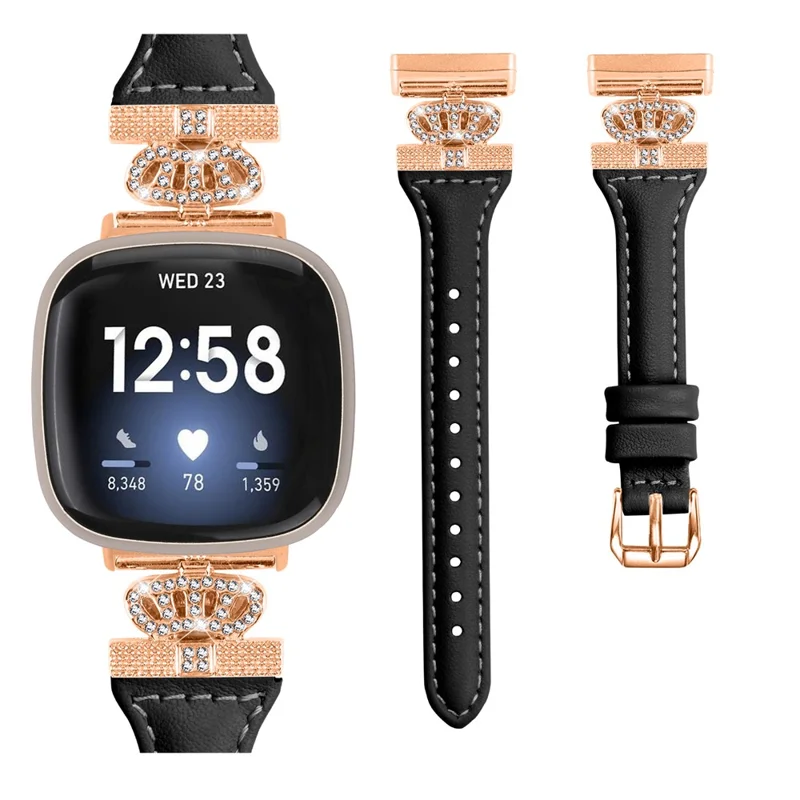 For Fitbit Versa 3 / 4 / Sense / Sense 2 Rose Gold Buckle Watch Strap Crown Rhinestone Band - Black