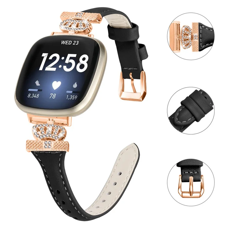 For Fitbit Versa 3 / 4 / Sense / Sense 2 Rose Gold Buckle Watch Strap Crown Rhinestone Band - Black