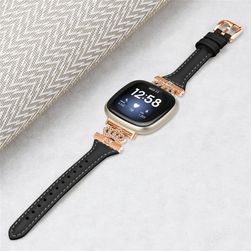 For Fitbit Versa 3 / 4 / Sense / Sense 2 Rose Gold Buckle Watch Strap Crown Rhinestone Band - Black