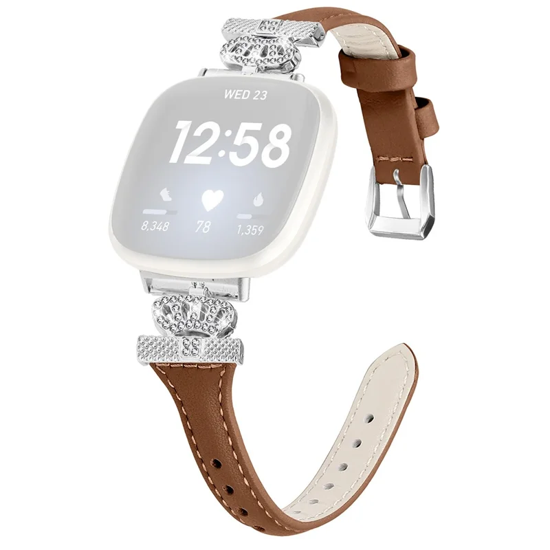 For Fitbit Versa 3 / 4 / Sense / Sense 2 Silver Buckle Watch Band Crown Genuine Cowhide Leather Strap - Brown