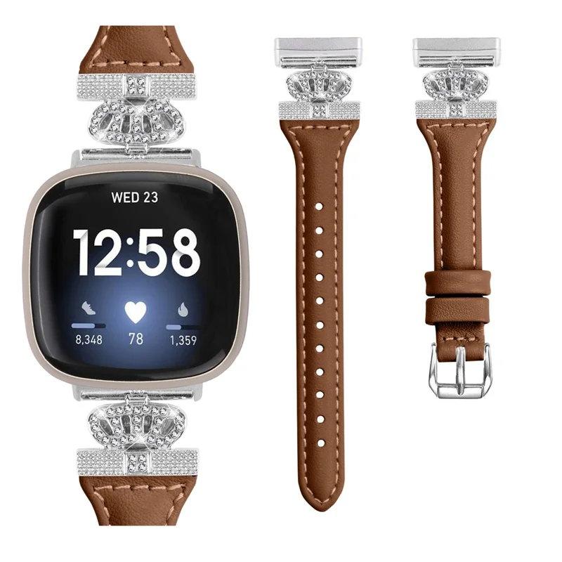 For Fitbit Versa 3 / 4 / Sense / Sense 2 Silver Buckle Watch Band Crown Genuine Cowhide Leather Strap - Brown