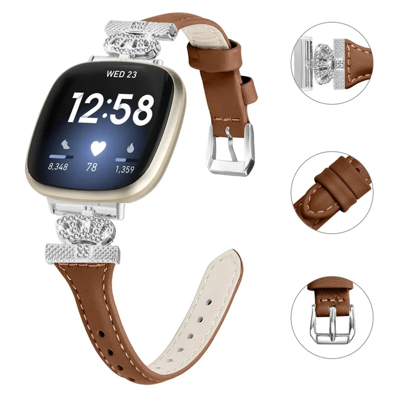 For Fitbit Versa 3 / 4 / Sense / Sense 2 Silver Buckle Watch Band Crown Genuine Cowhide Leather Strap - Brown