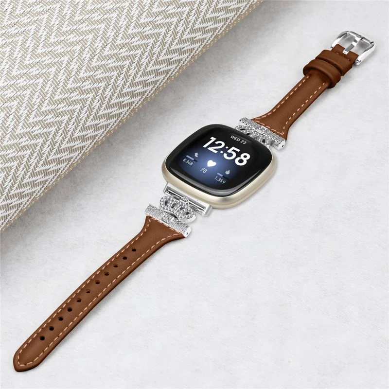 For Fitbit Versa 3 / 4 / Sense / Sense 2 Silver Buckle Watch Band Crown Genuine Cowhide Leather Strap - Brown