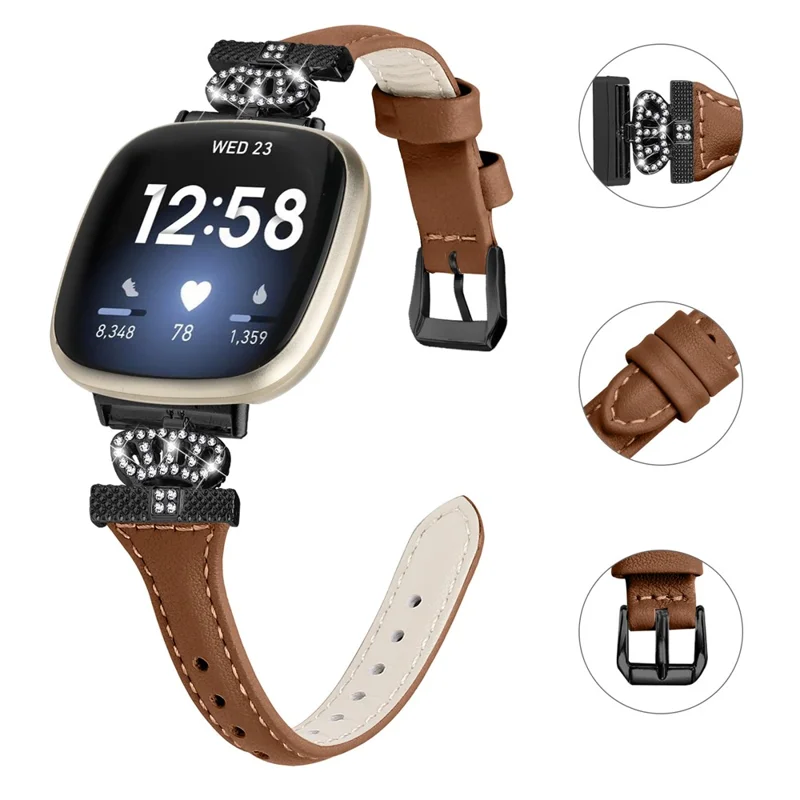 Per Fitbit Versa 3 / 4 / Sense / Sense 2 Cinturino di pelle bovina nera Crown - Marrone