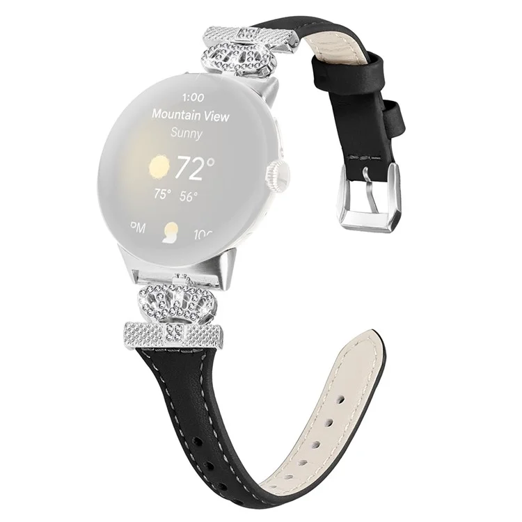 Para Google Pixel Watch 3 41mm / Watch 2 / Pixel Watch Silver Correa de Reloj de Piel de Vaca Genuina con Corona - Negro