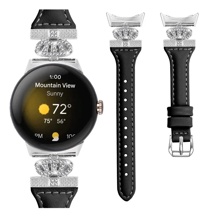 Para Google Pixel Watch 3 41mm / Watch 2 / Pixel Watch Silver Correa de Reloj de Piel de Vaca Genuina con Corona - Negro