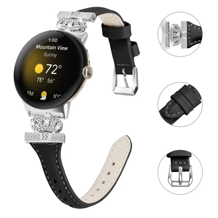 Para Google Pixel Watch 3 41mm / Watch 2 / Pixel Watch Silver Correa de Reloj de Piel de Vaca Genuina con Corona - Negro