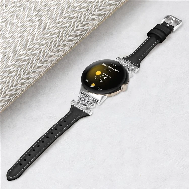 Para Google Pixel Watch 3 41mm / Watch 2 / Pixel Watch Silver Correa de Reloj de Piel de Vaca Genuina con Corona - Negro