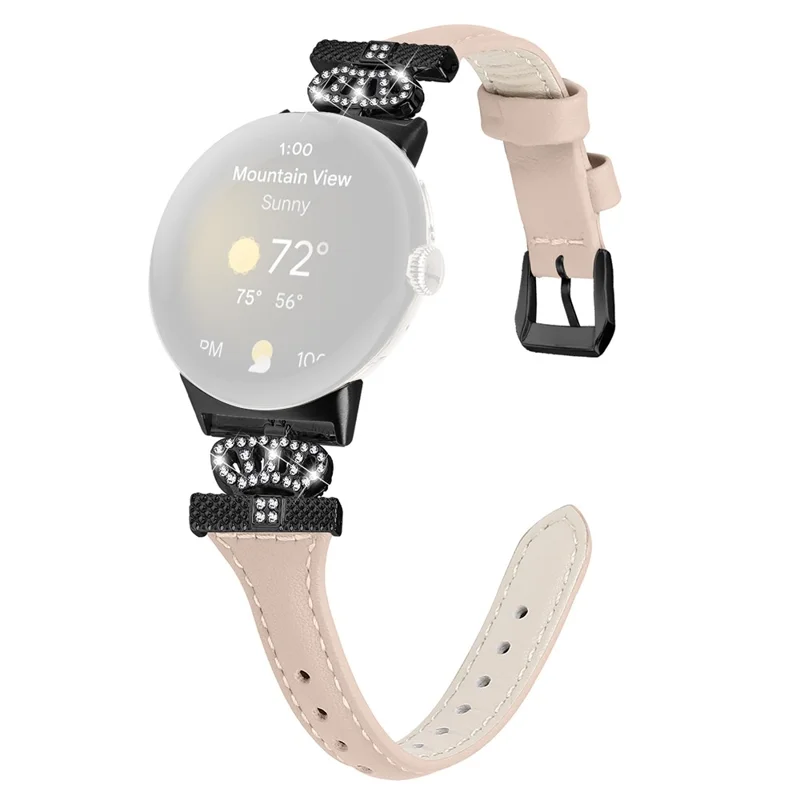 For Google Pixel Watch 3 41mm / Watch 2 / Pixel Watch Black Buckle Watch Strap Crown Rhinestone Connector Wrist Band - Apricot