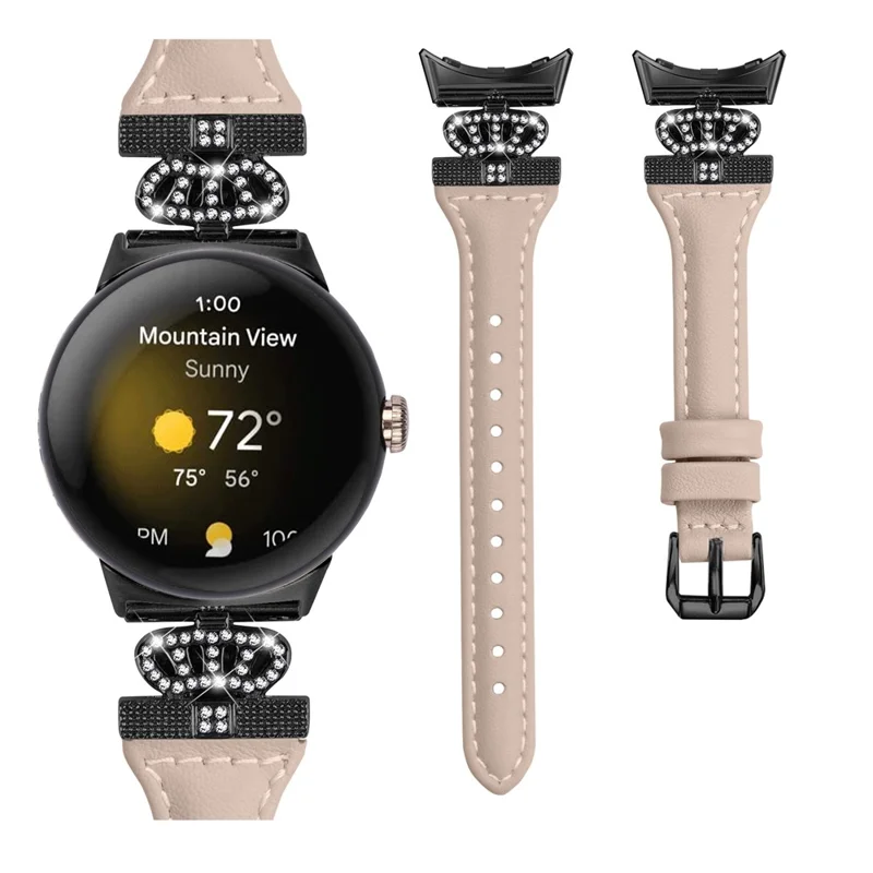 For Google Pixel Watch 3 41mm / Watch 2 / Pixel Watch Black Buckle Watch Strap Crown Rhinestone Connector Wrist Band - Apricot