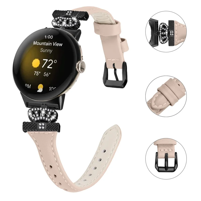 For Google Pixel Watch 3 41mm / Watch 2 / Pixel Watch Black Buckle Watch Strap Crown Rhinestone Connector Wrist Band - Apricot
