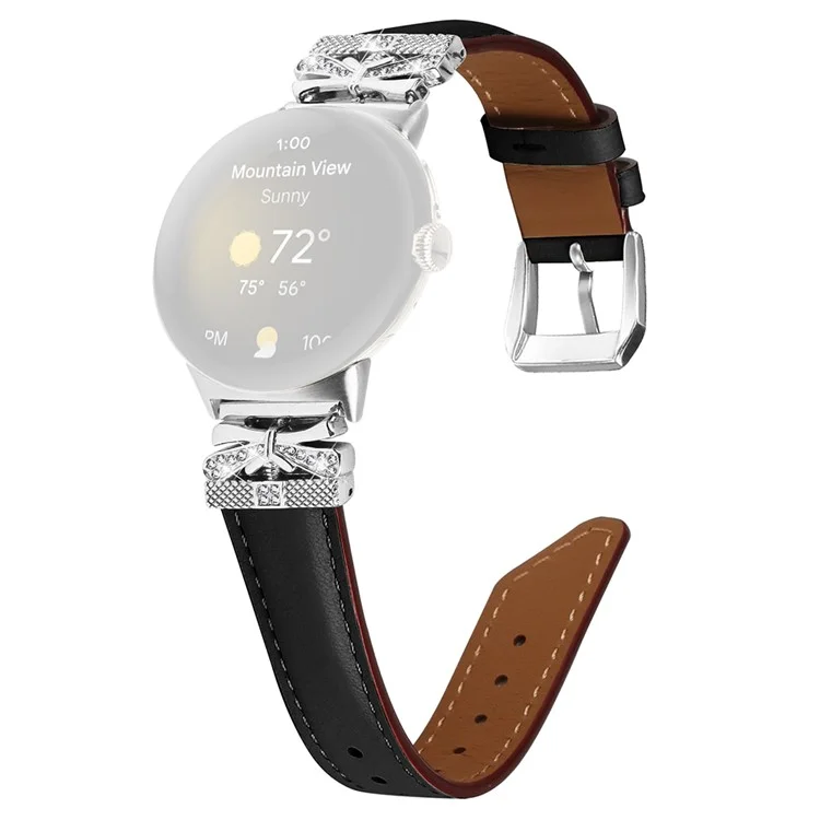 Для Google Pixel Watch 3 41мм / Watch 2 / Pixel Watch Rhinestone Genuine Cowhide Leather Watch Strap (Silver Buckle) - Черный