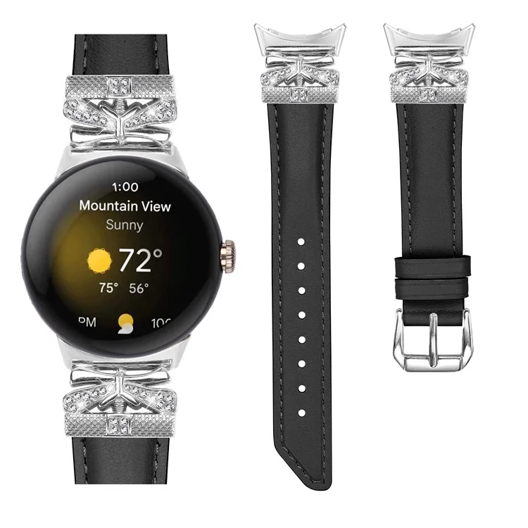 Для Google Pixel Watch 3 41мм / Watch 2 / Pixel Watch Rhinestone Genuine Cowhide Leather Watch Strap (Silver Buckle) - Черный