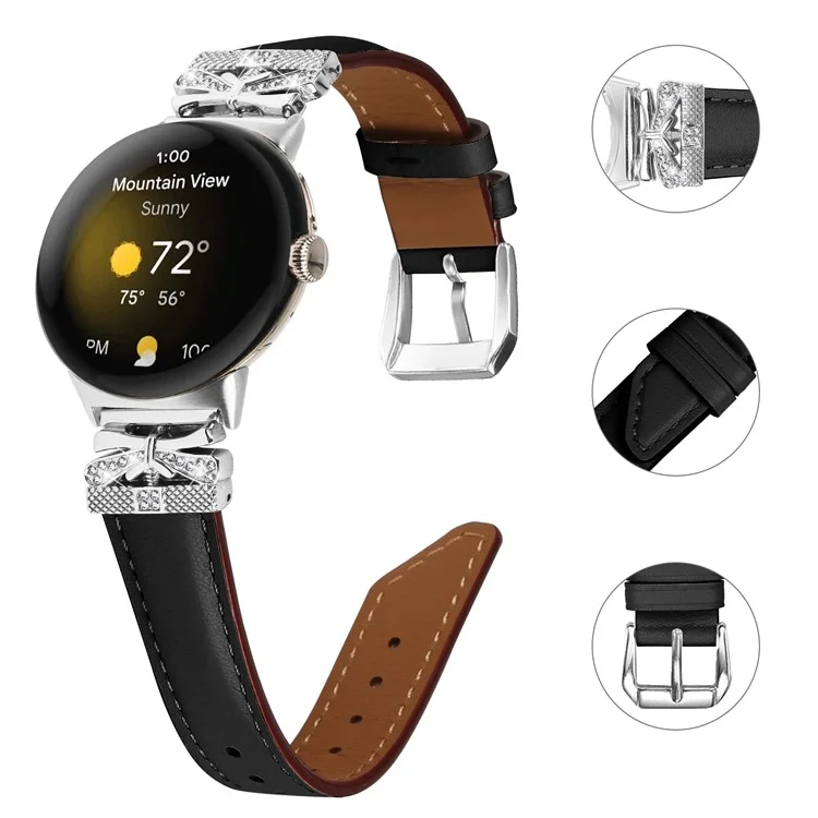 Для Google Pixel Watch 3 41мм / Watch 2 / Pixel Watch Rhinestone Genuine Cowhide Leather Watch Strap (Silver Buckle) - Черный