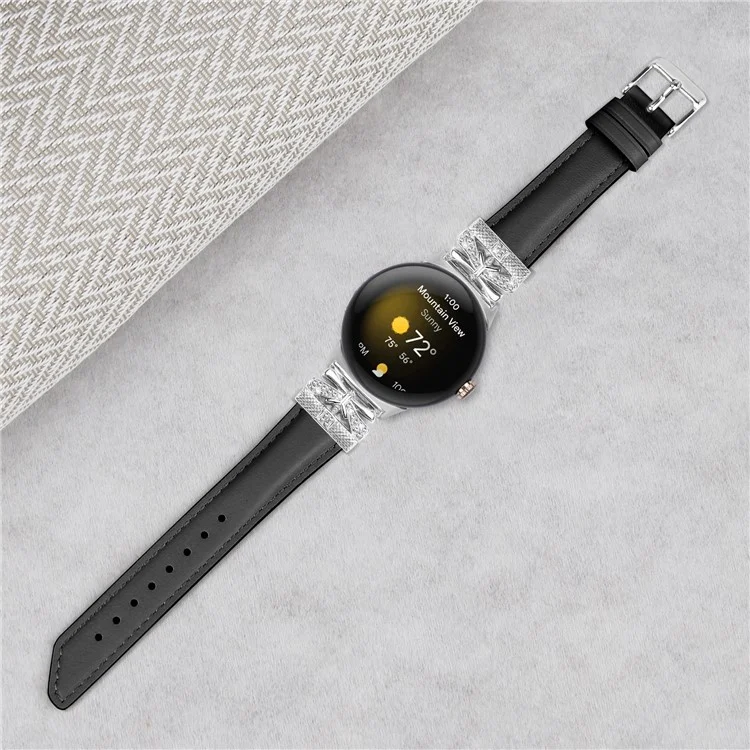 Для Google Pixel Watch 3 41мм / Watch 2 / Pixel Watch Rhinestone Genuine Cowhide Leather Watch Strap (Silver Buckle) - Черный