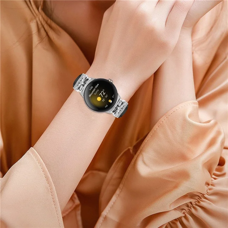 Для Google Pixel Watch 3 41мм / Watch 2 / Pixel Watch Rhinestone Genuine Cowhide Leather Watch Strap (Silver Buckle) - Черный