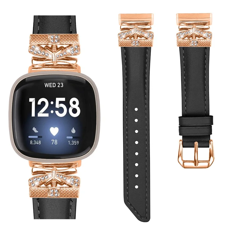 For Fitbit Versa 3 / 4 / Sense / Sense 2 Rose Gold Buckle Watch Strap Butterfly Connector Wrist Band - Black