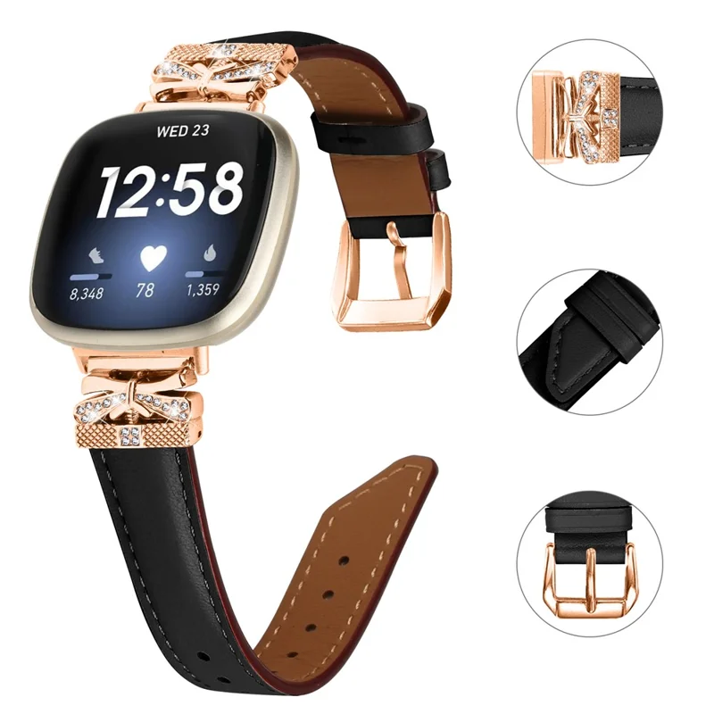 For Fitbit Versa 3 / 4 / Sense / Sense 2 Rose Gold Buckle Watch Strap Butterfly Connector Wrist Band - Black