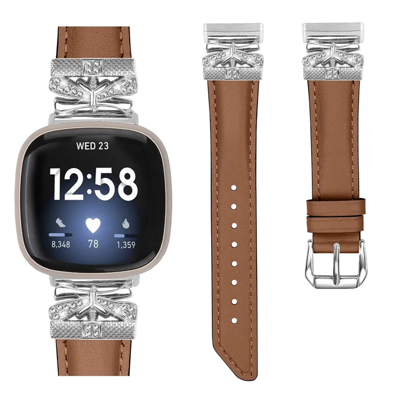 For Fitbit Versa 3 / 4 / Sense / Sense 2 Silver Buckle Watchband Butterfly Connector Strap - Brown