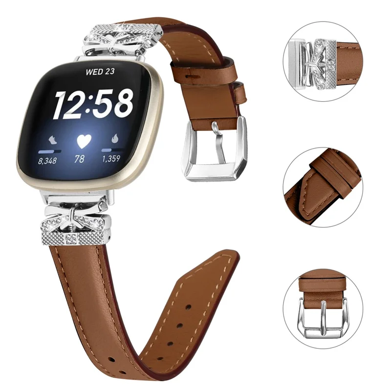 For Fitbit Versa 3 / 4 / Sense / Sense 2 Silver Buckle Watchband Butterfly Connector Strap - Brown