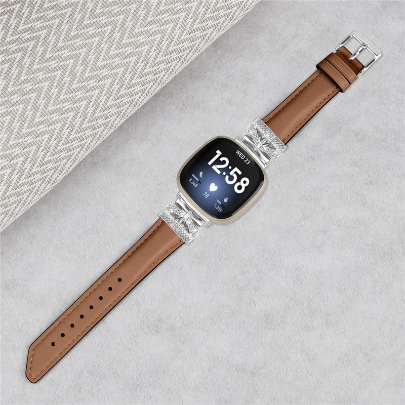 For Fitbit Versa 3 / 4 / Sense / Sense 2 Silver Buckle Watchband Butterfly Connector Strap - Brown