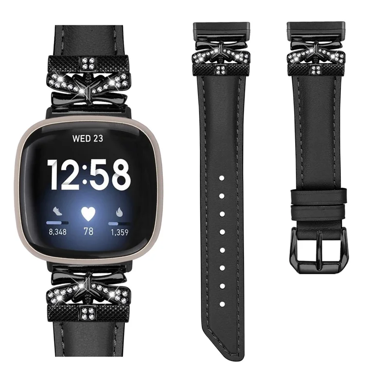 For Fitbit Versa 3 / 4 / Sense / Sense 2 Black Buckle Geniune Cowhide Leather Band Butterfly Watch Strap - Black
