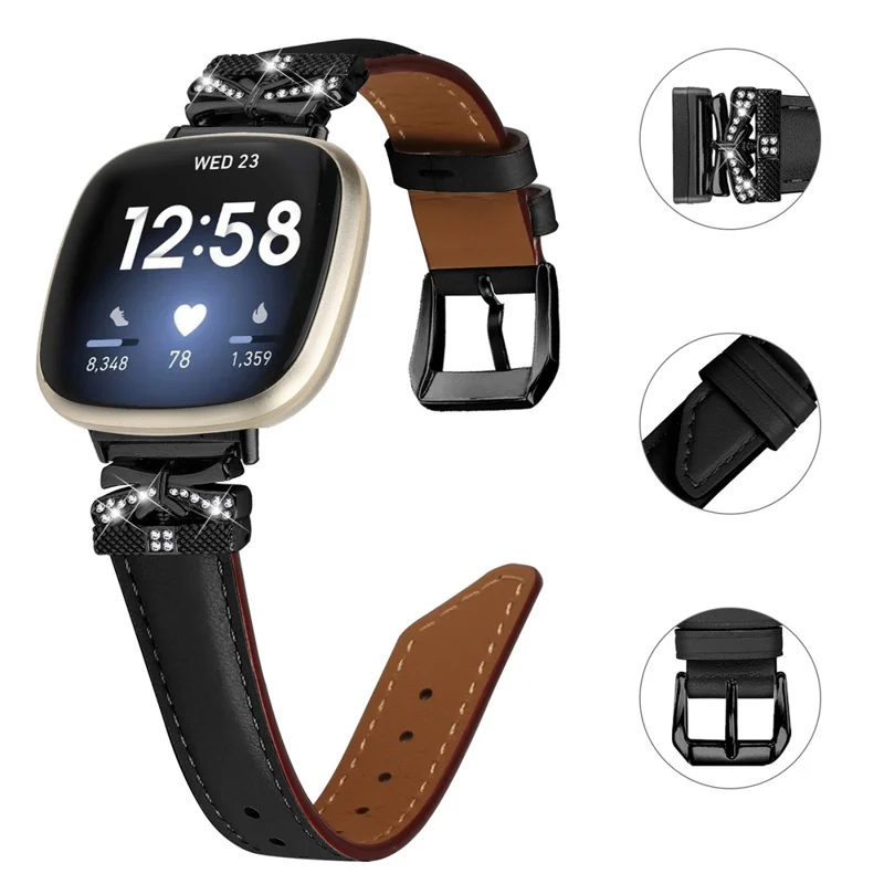 For Fitbit Versa 3 / 4 / Sense / Sense 2 Black Buckle Geniune Cowhide Leather Band Butterfly Watch Strap - Black
