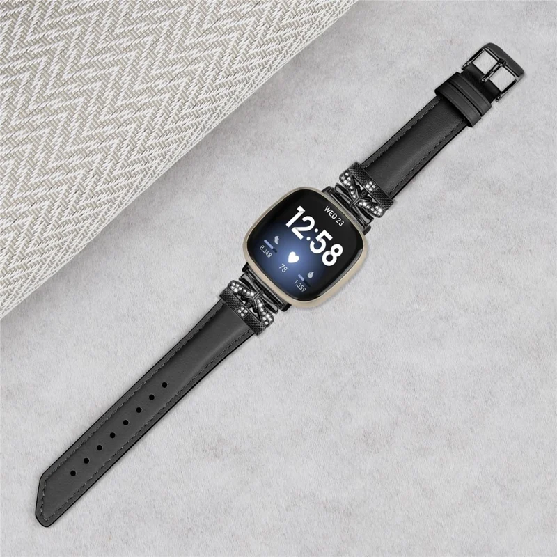 For Fitbit Versa 3 / 4 / Sense / Sense 2 Black Buckle Geniune Cowhide Leather Band Butterfly Watch Strap - Black