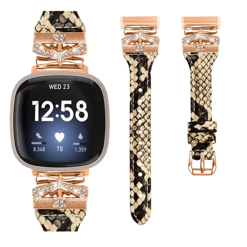 Rose Gold Buckle Band for Fitbit Versa 3 / 4 / Sense / Sense 2 Genuine Cowhide Leather Watch Strap - Snake Texture